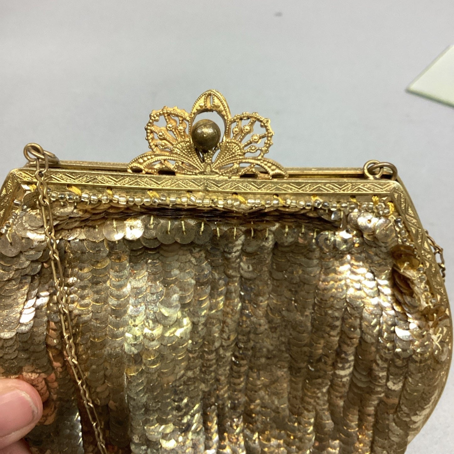 Antique Women’s Gold Sequin Mesh Change Purse With Shoulder Strap & Mirror