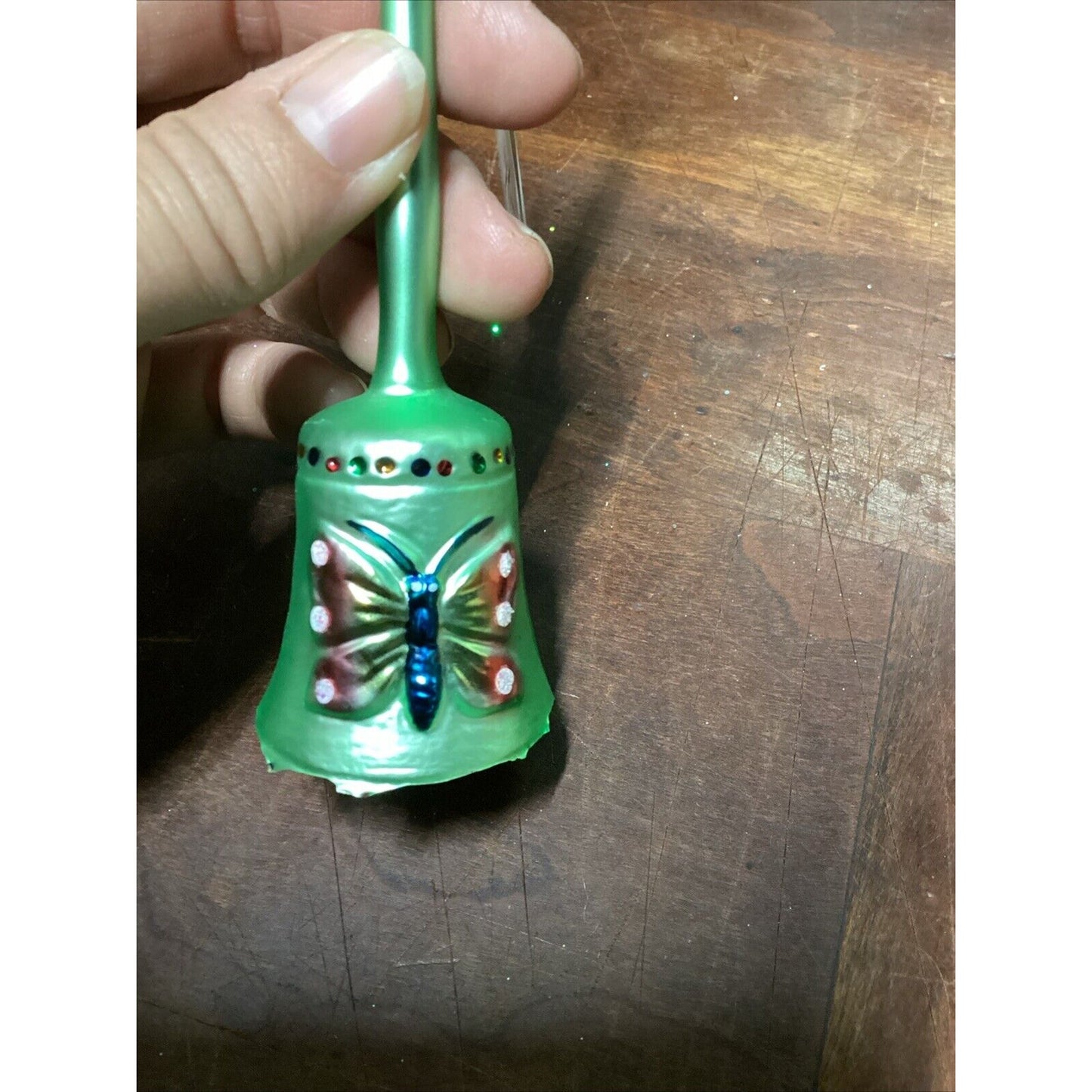 Christopher Radko Ornament Long Stem Green Bell with Butterfly - Base Is Damaged