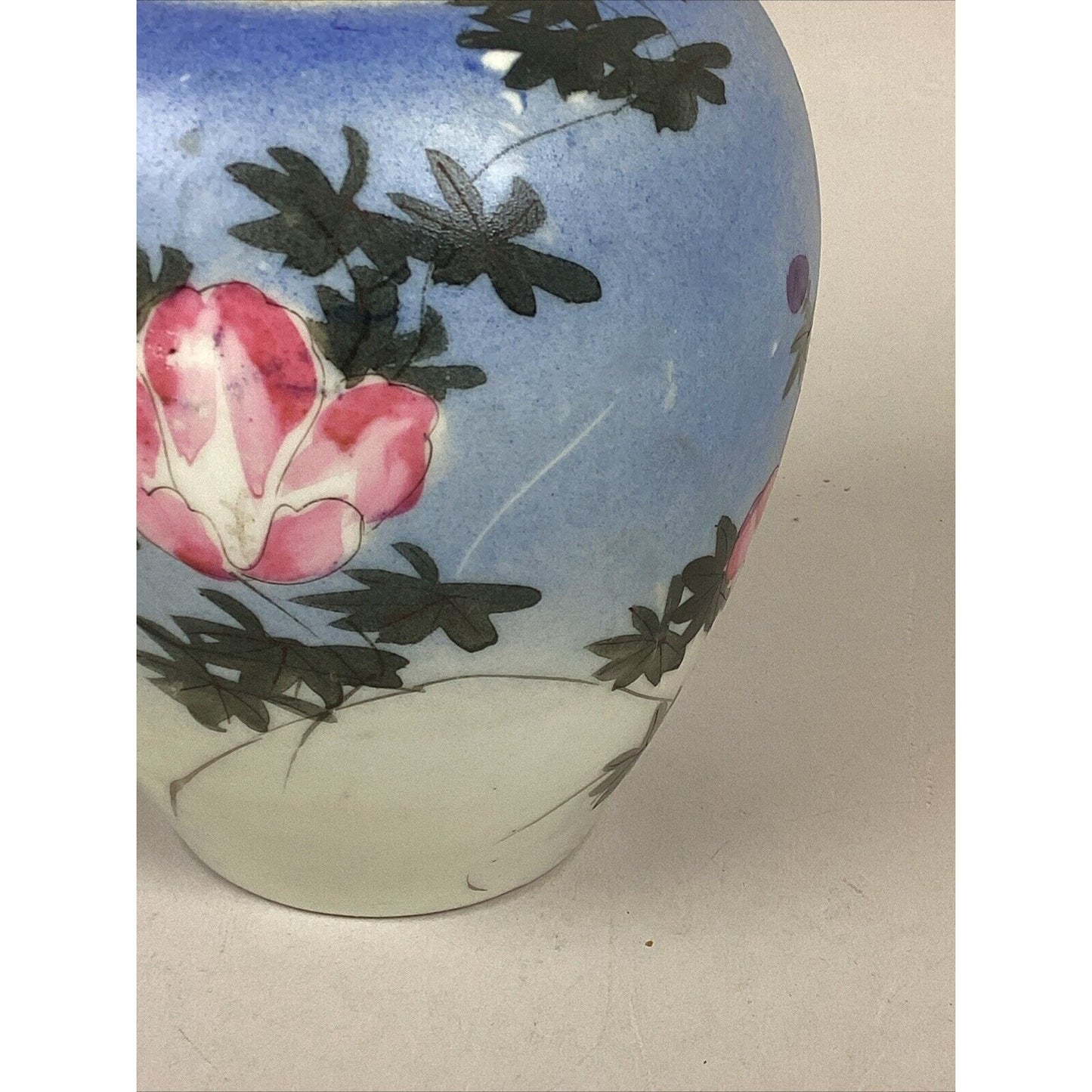 Antique Japanese Floral Vase With Pink/Purple Flowers & Flying Birds - 6 3/4”H