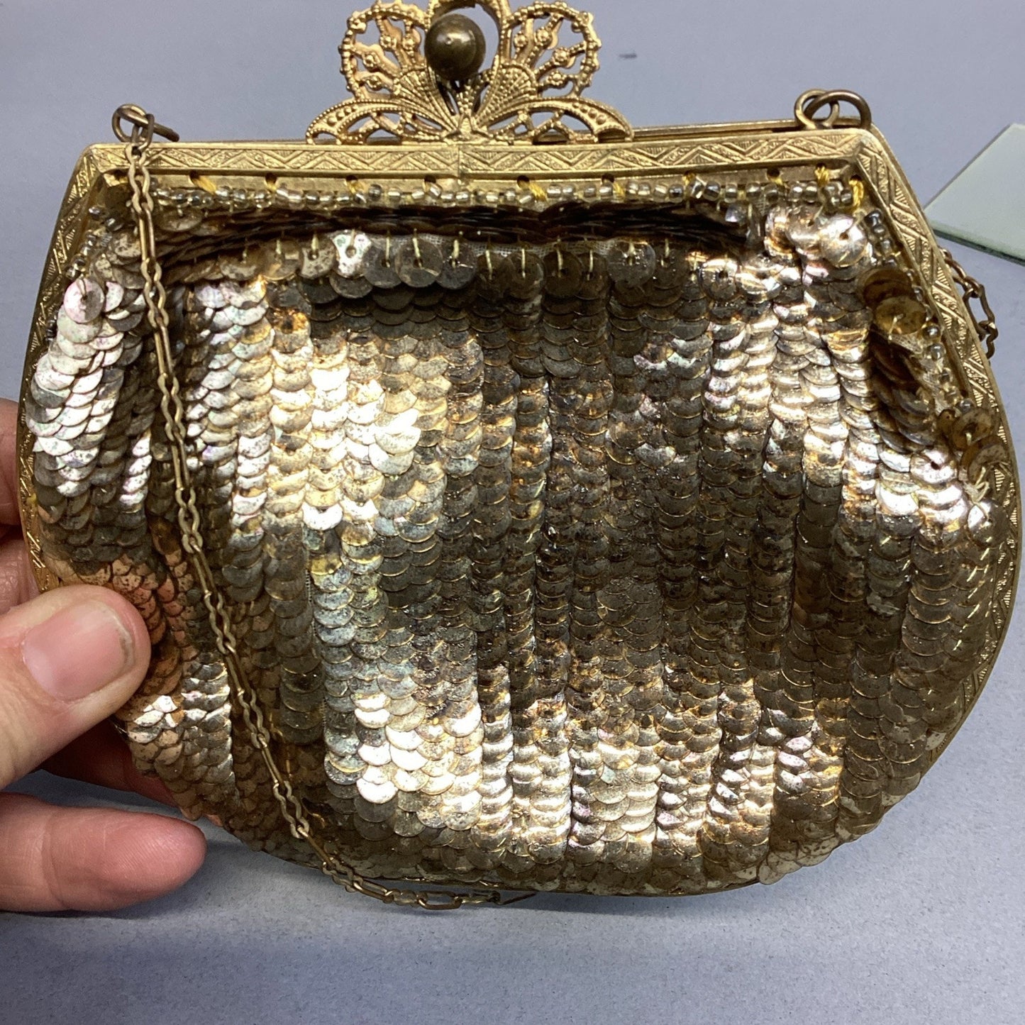 Antique Women’s Gold Sequin Mesh Change Purse With Shoulder Strap & Mirror