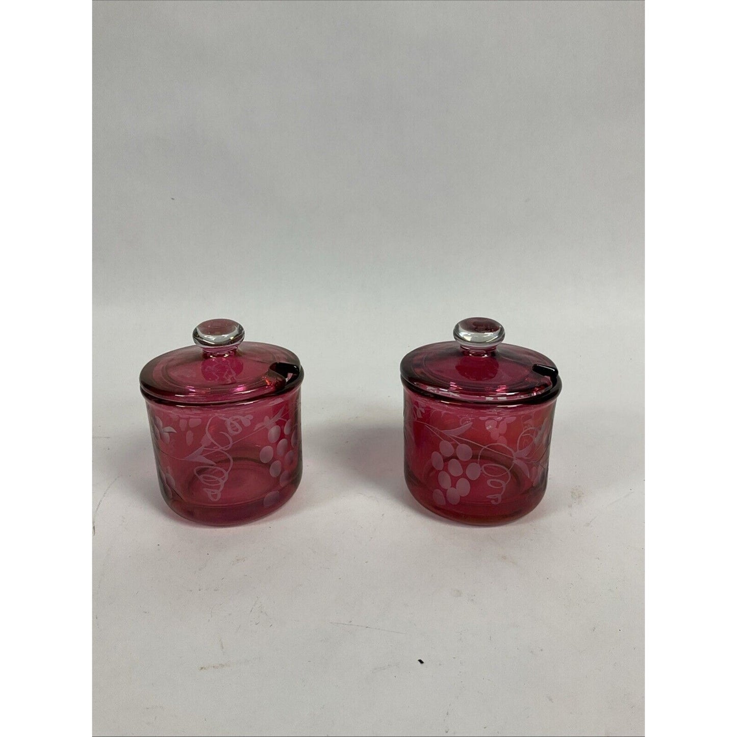 Set Of 2 Vintage Jam Jar Cranberry Etched Grapes
