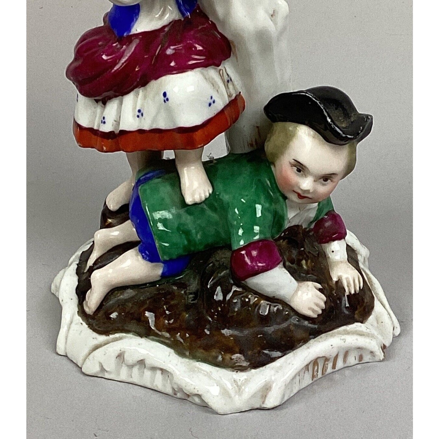 Vintage Porcelain Boy And Girl Red Rose Candlestick Holder - 7.5”