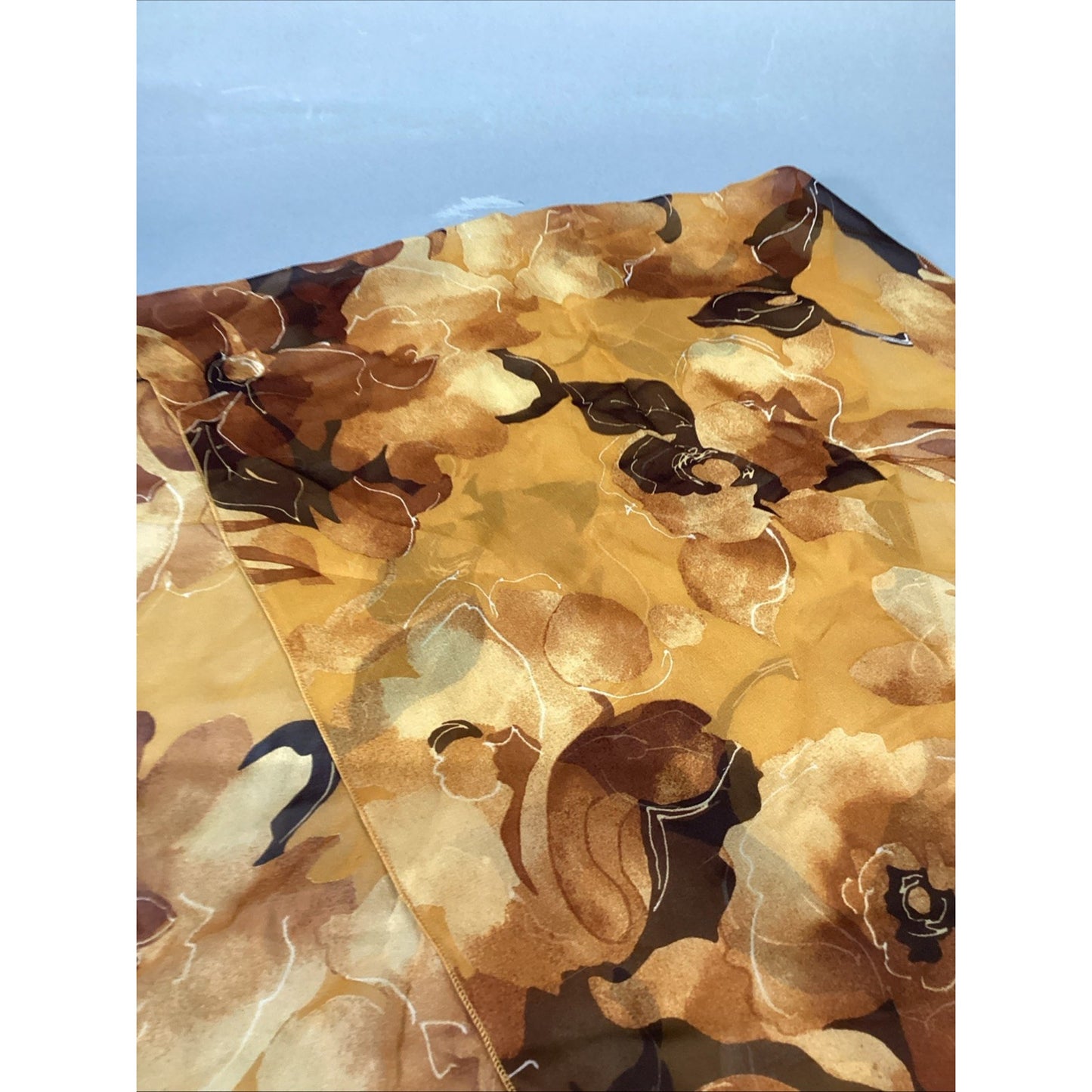100% Silk Yellow Sheer Floral Scarf - 60x15”
