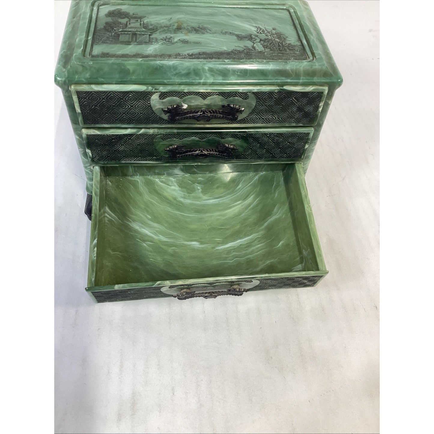 Vintage Green Marbled Celluoid Chinese Style Jewelry Box 3-Drawer