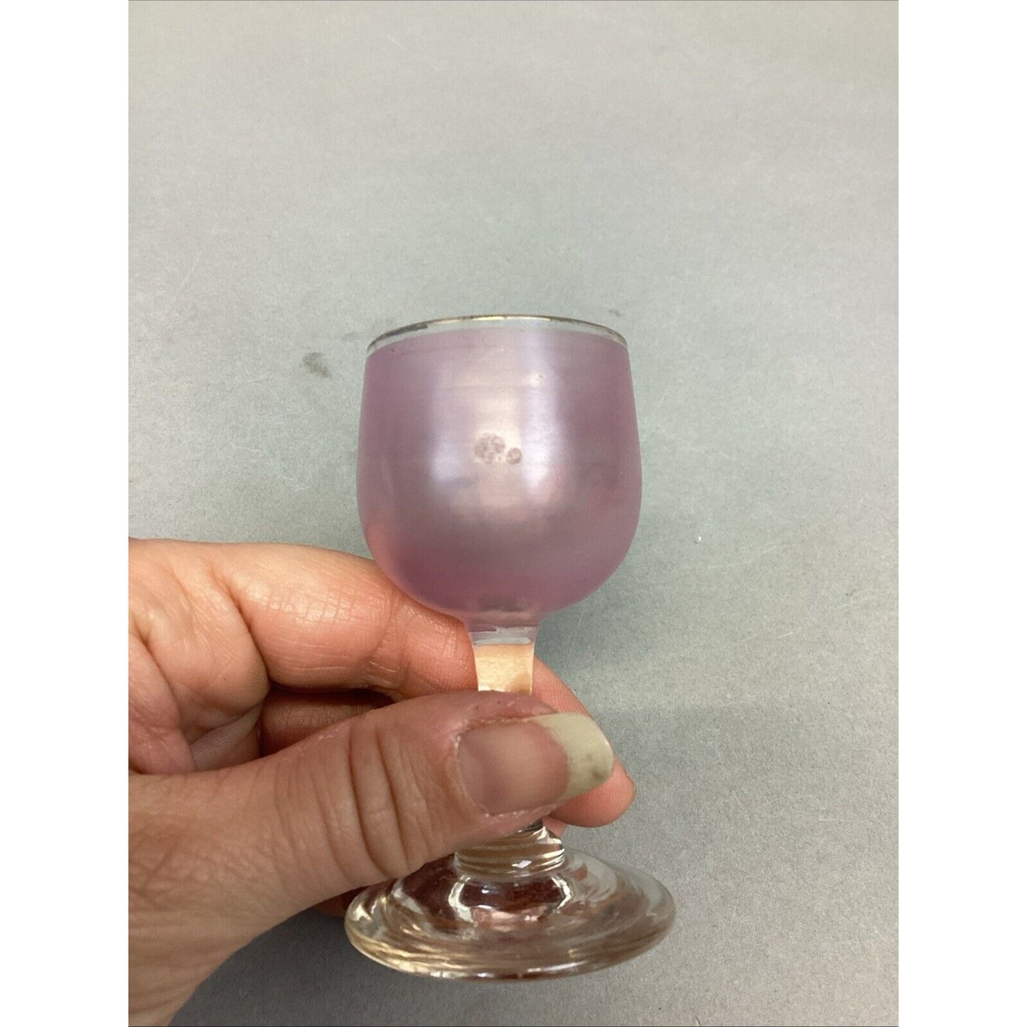 2 Unique Vintage Hand Painted Miniature Pink Wine Glasses Bird & Flowers - 3”