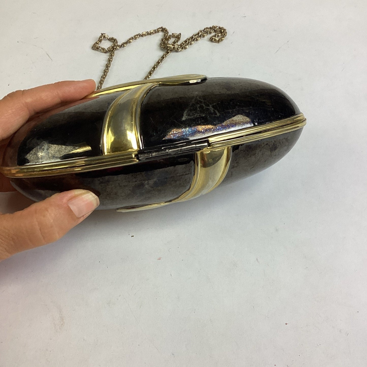 Vintage Black Evening Bag With Gold Trim, Rhinestones And Gold Chain