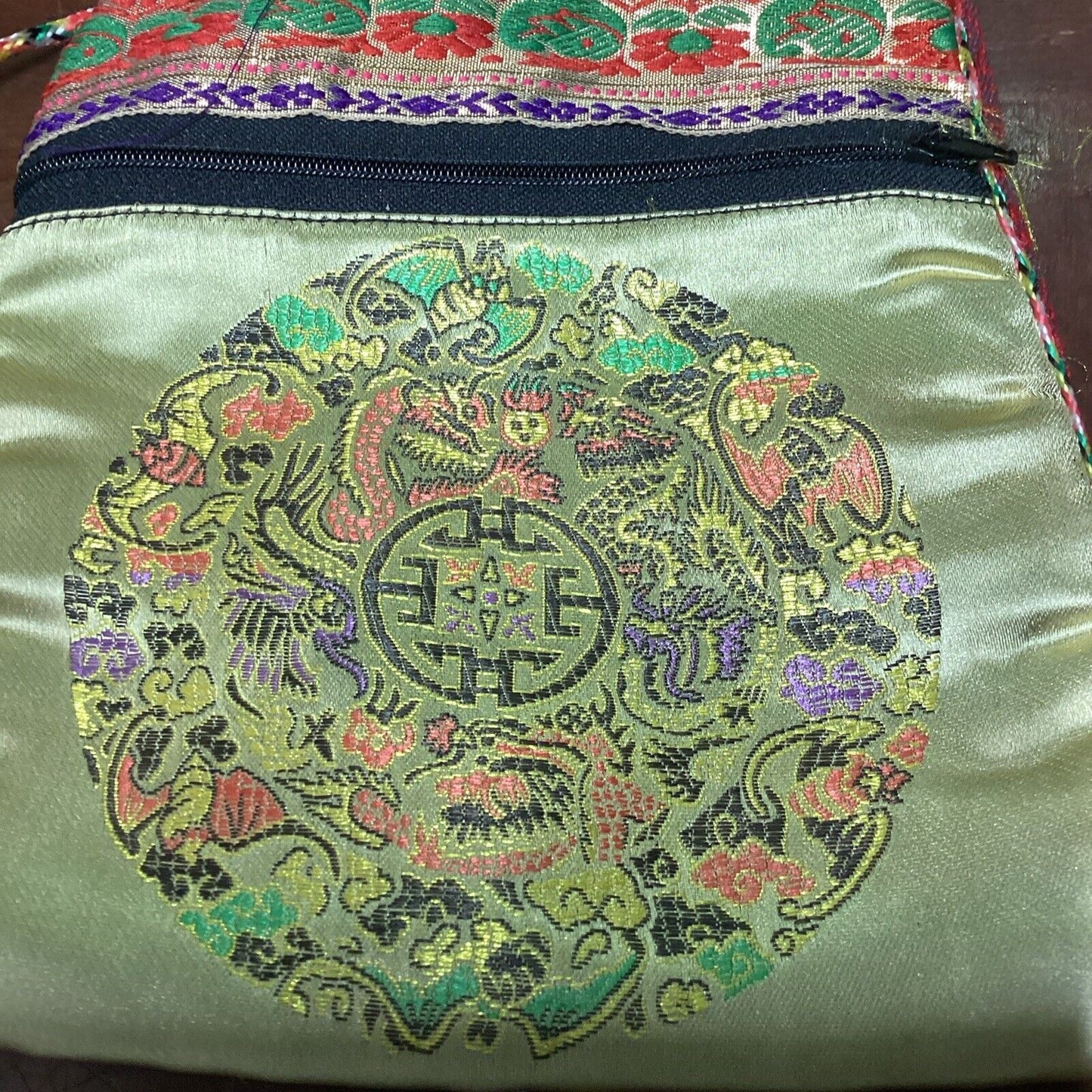 Multicolored Asian Silky Cross Body Purse Bag With 2 Pockets