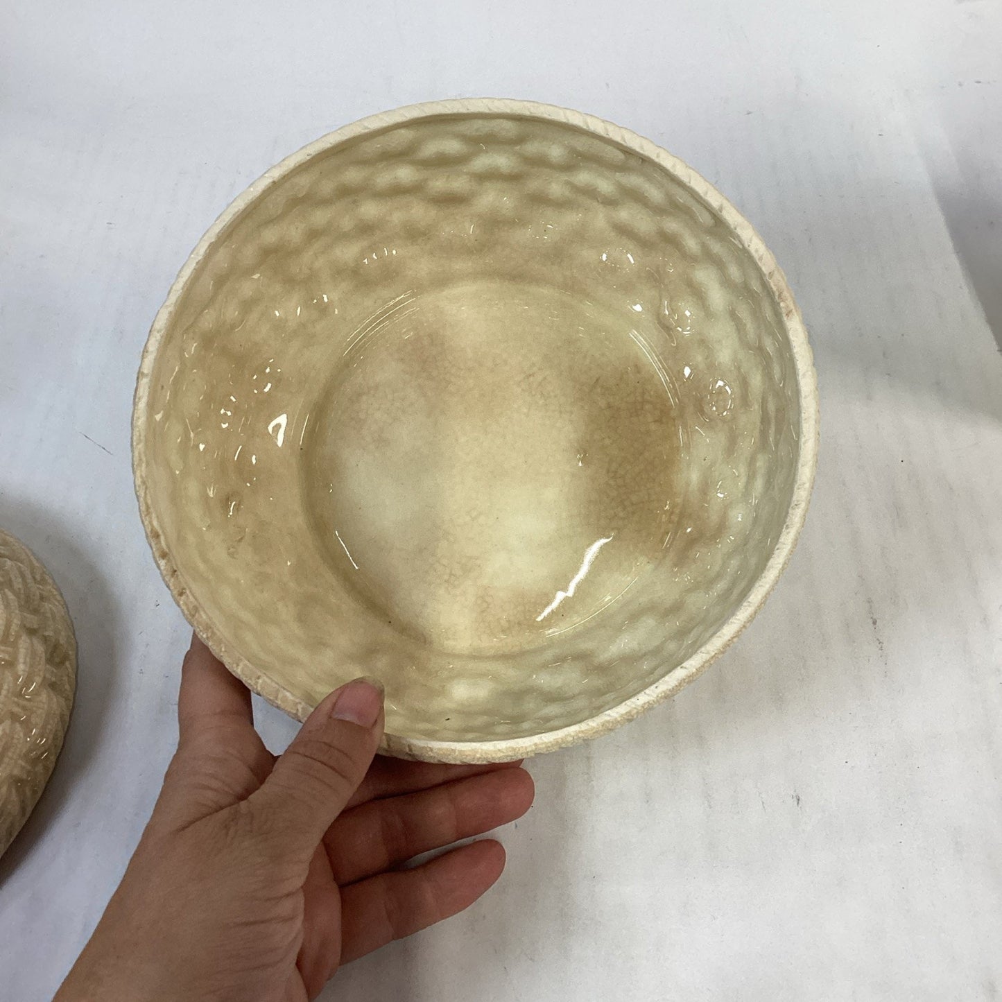 Vintage Ceramic Basket Weave Covered Serving Dish & Vases Set