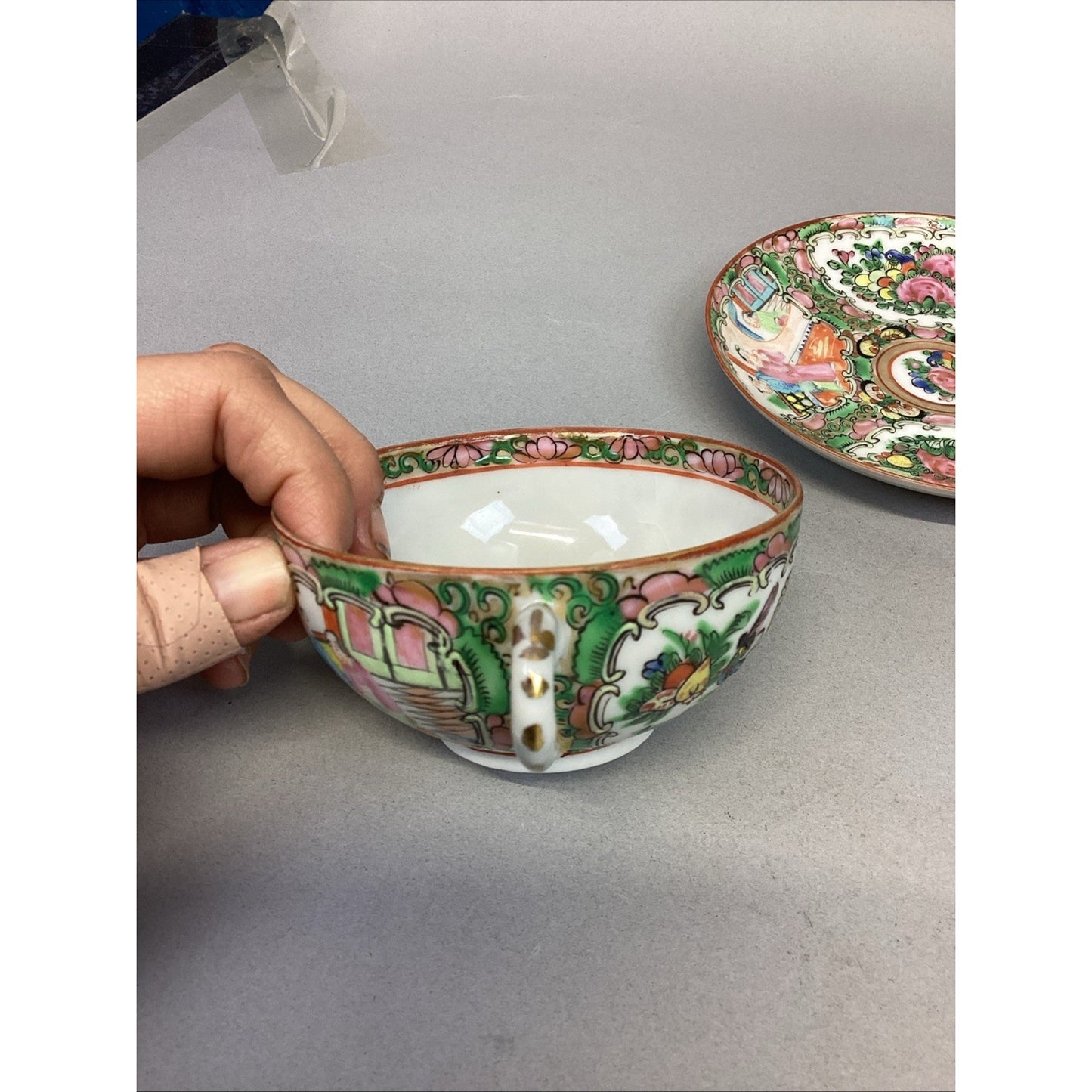 Antique 1920's Chinese Familie Rose Medallion Teacup And Saucer