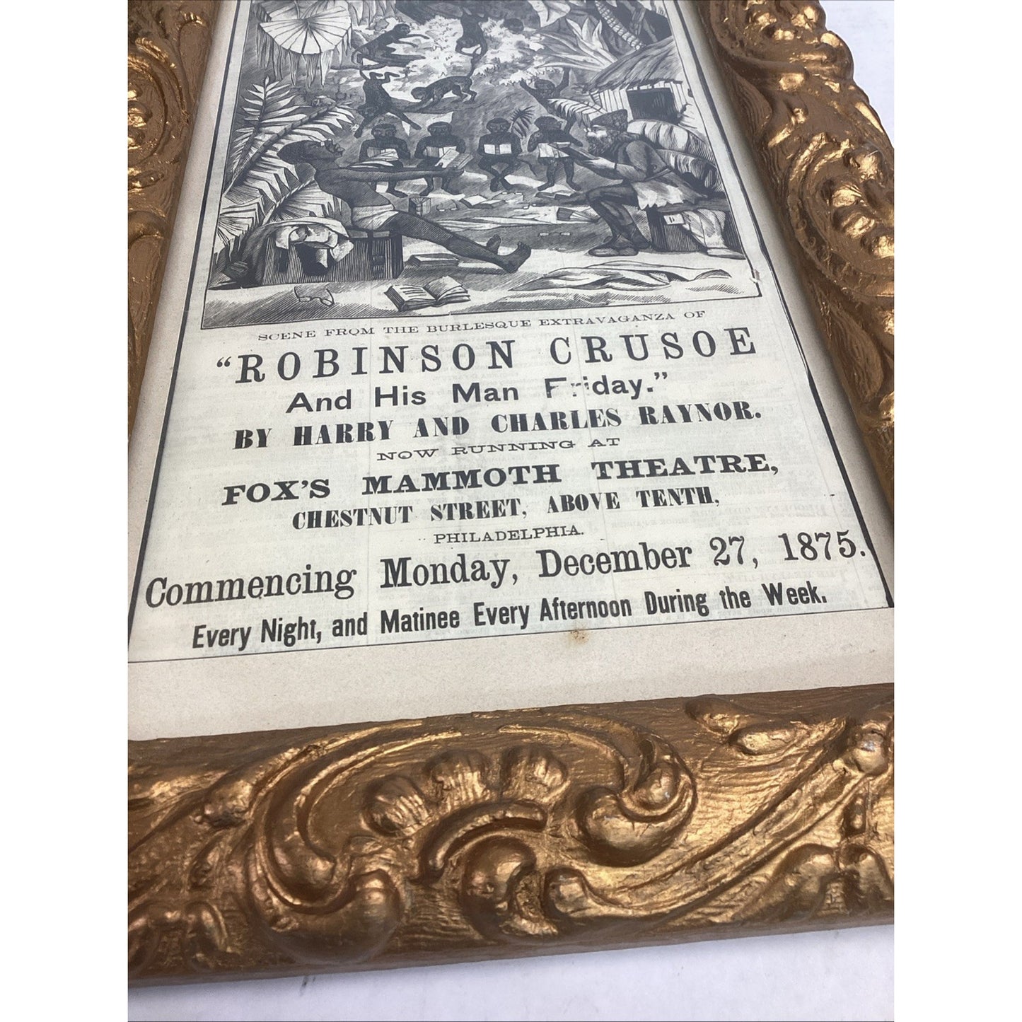 Framed Victorian Style Robinson Crusoe Theatre Poster W/ Ornate Gold Frame