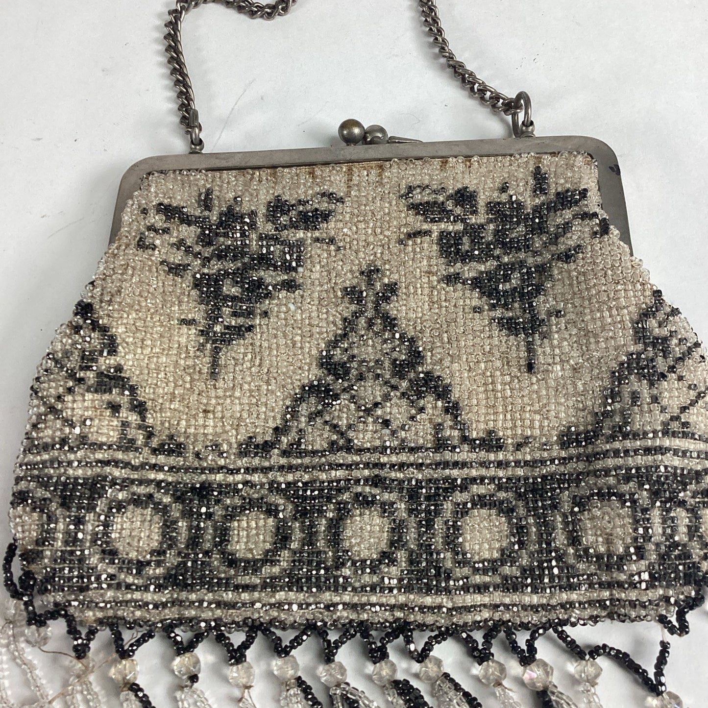 Vintage Beaded Evening Bag With Fringe & Mirror