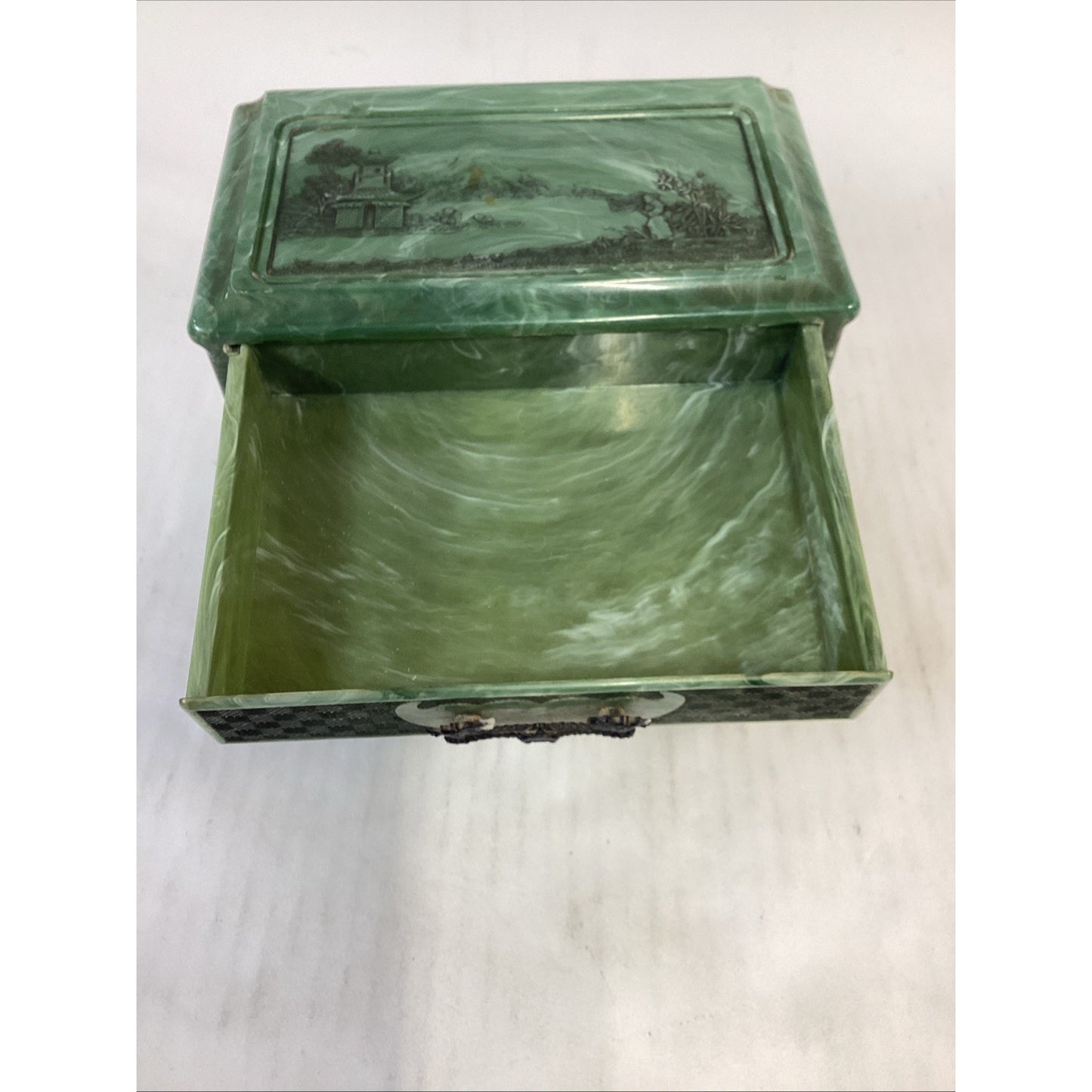 Vintage Green Marbled Celluoid Chinese Style Jewelry Box 3-Drawer