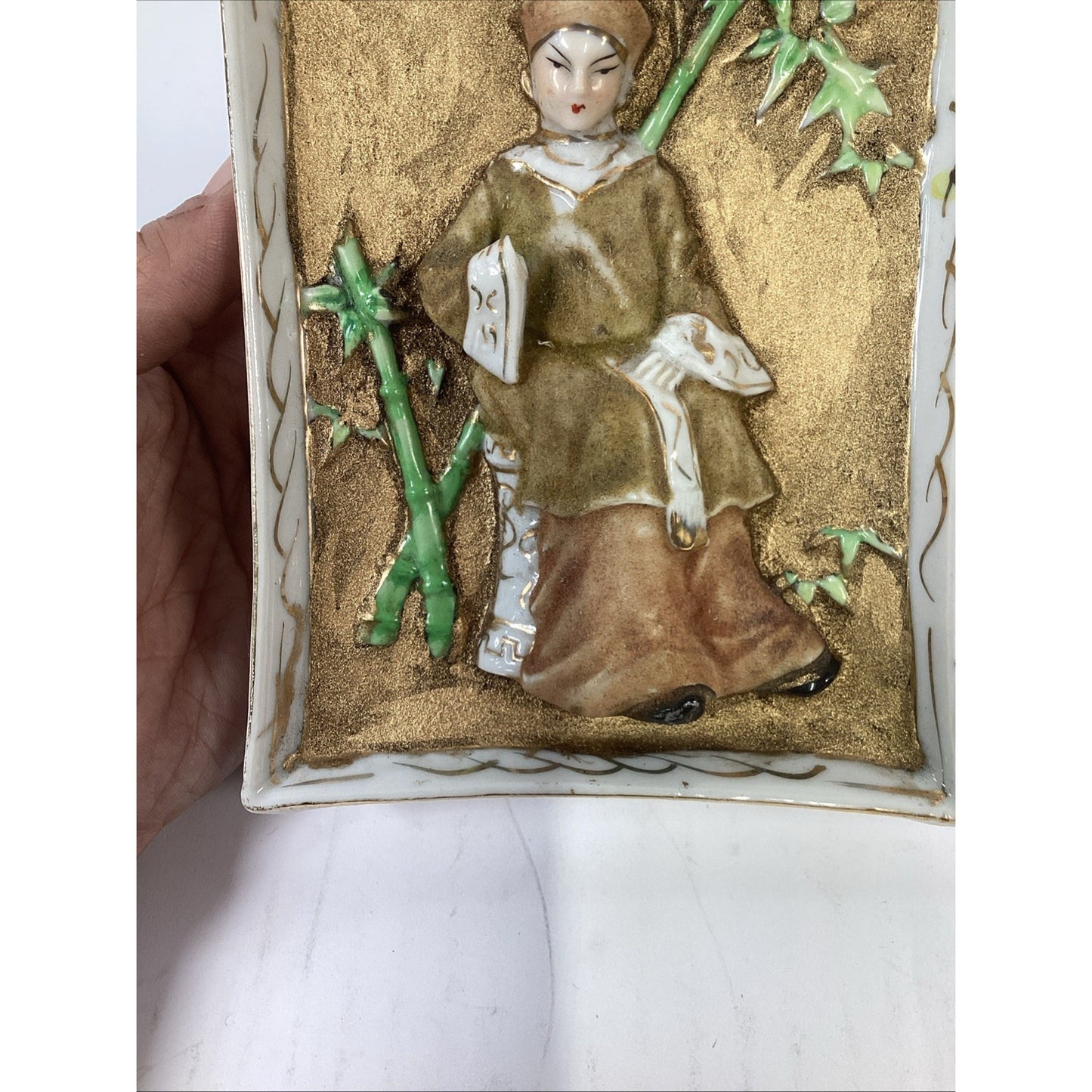 Vtg 2 Japanese Moriage Porcelain Wall Plaques Geisha Bamboo 3D Relief Pat Pend