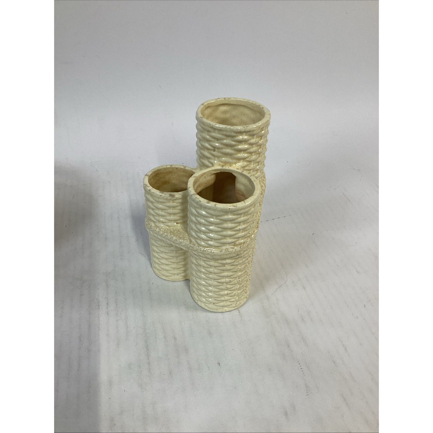 Vintage Ceramic Basket Weave Covered Serving Dish & Vases Set