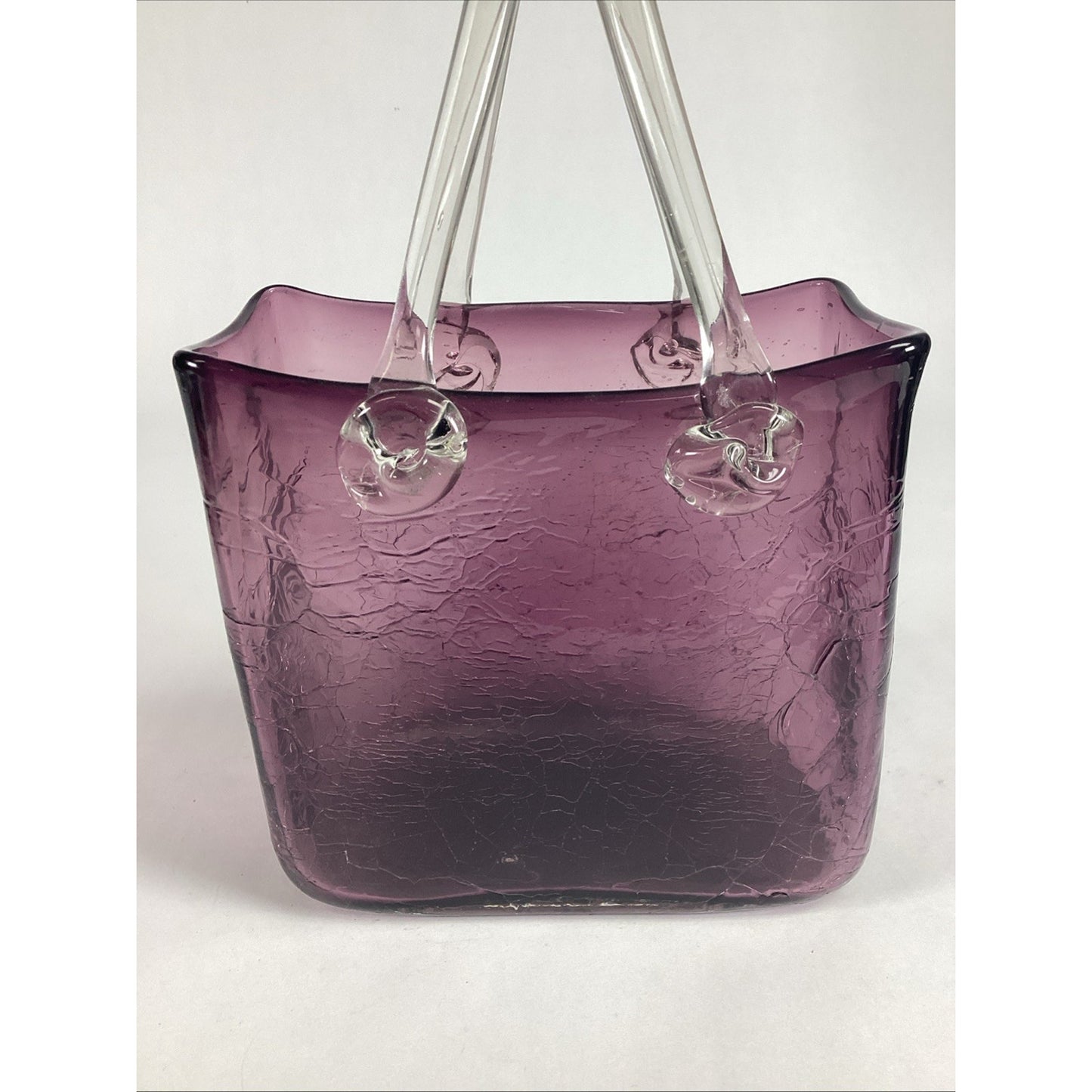 Hand Blown Crackled Glass Purple Amethyst Purse Decorative Vase