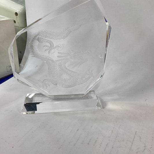 Hand Etched Clear Crystal Glass Lucky Dragon Prism Paper Weight Sculpture