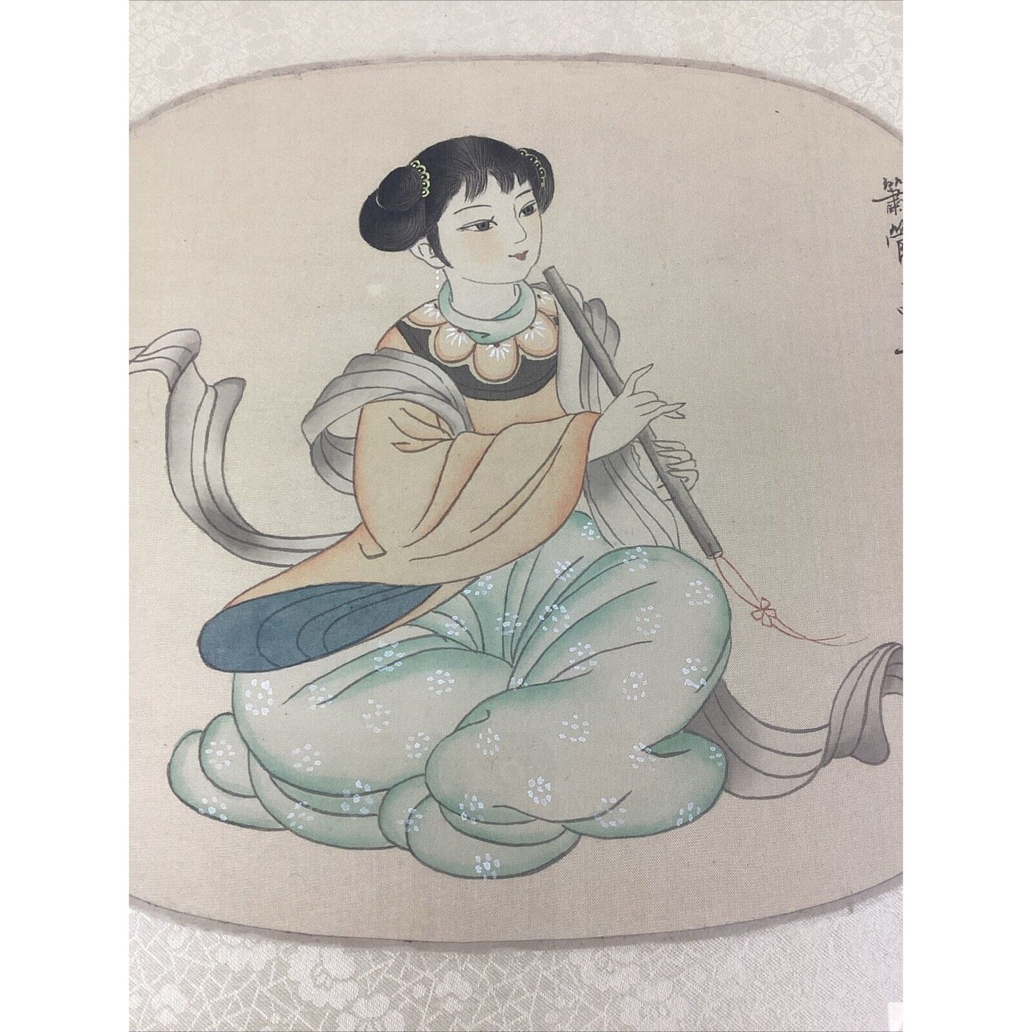 Antique Chinese Watercolor Painting On Silk - Girl Playing Flute