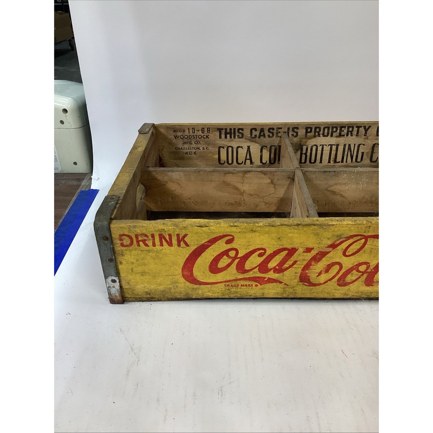 Vintage 1968 Wooden Coca Cola Yellow Wood Crate W/ 6 Bottles In Holder - SC
