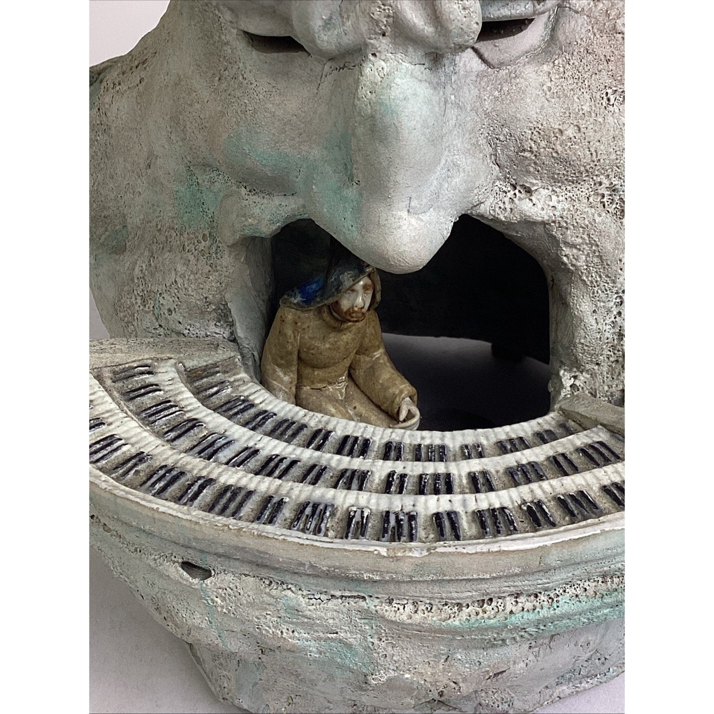 Whimsical Ceramic Sculpture- Surreal Face With Miniature Piano - 13.5”H