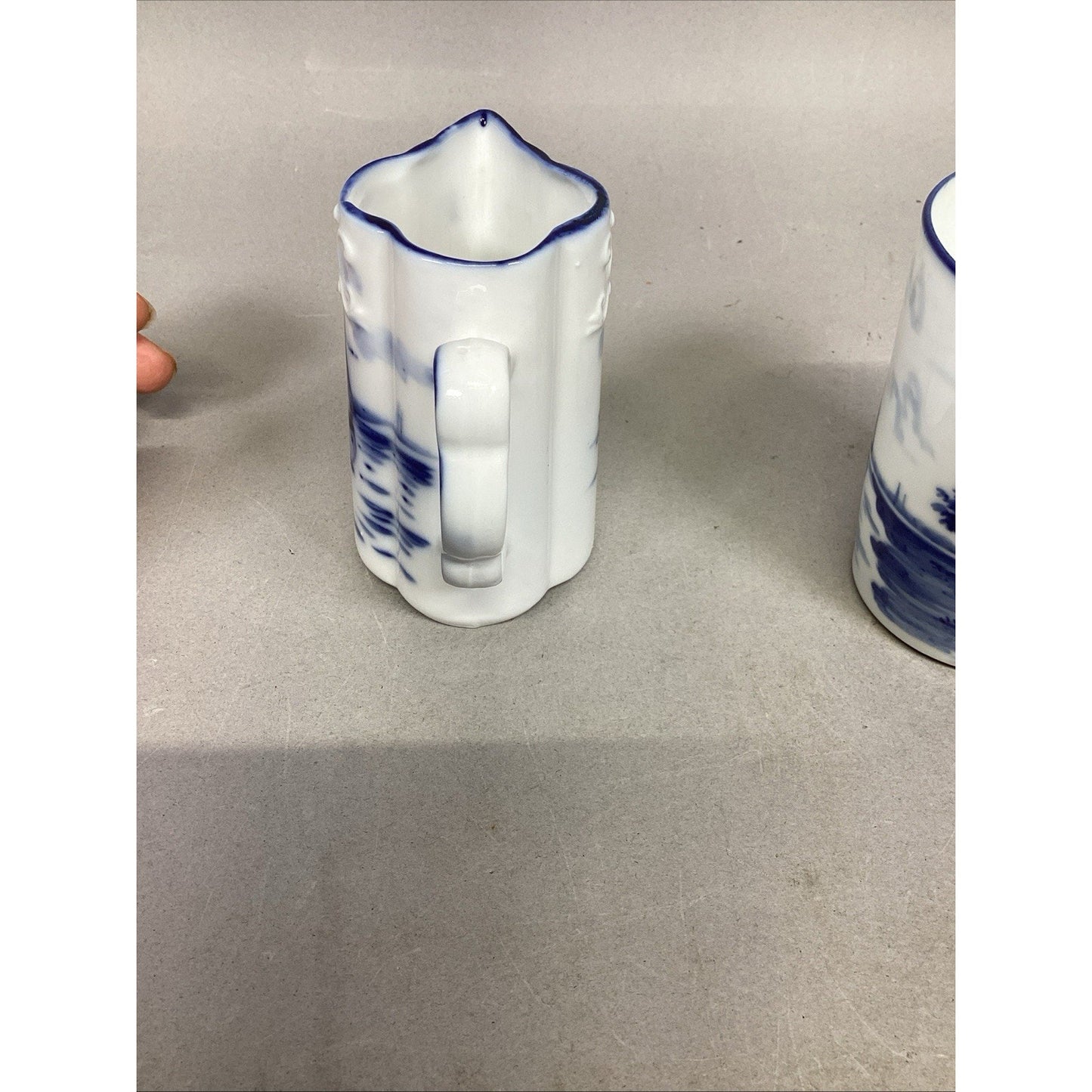Antique Flow Blue Delft Style White Milk Jug Sailboat, Windmill Cup & Lidded Jar