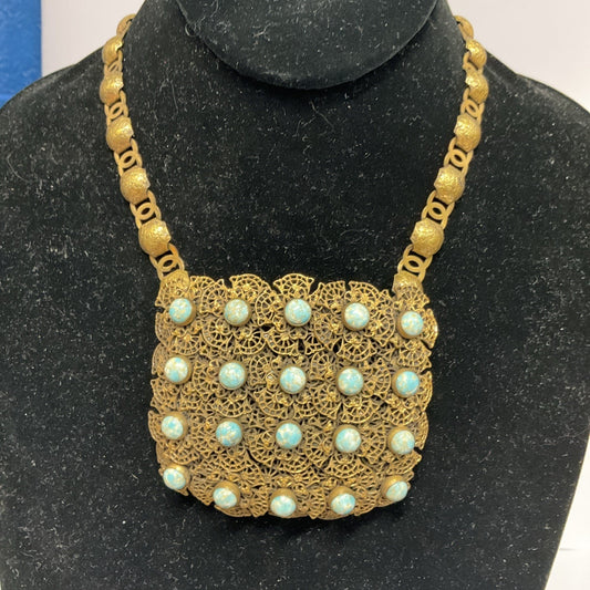 Vintage Jewelry Gold Blue Confetti Glass Bib Necklace RARE