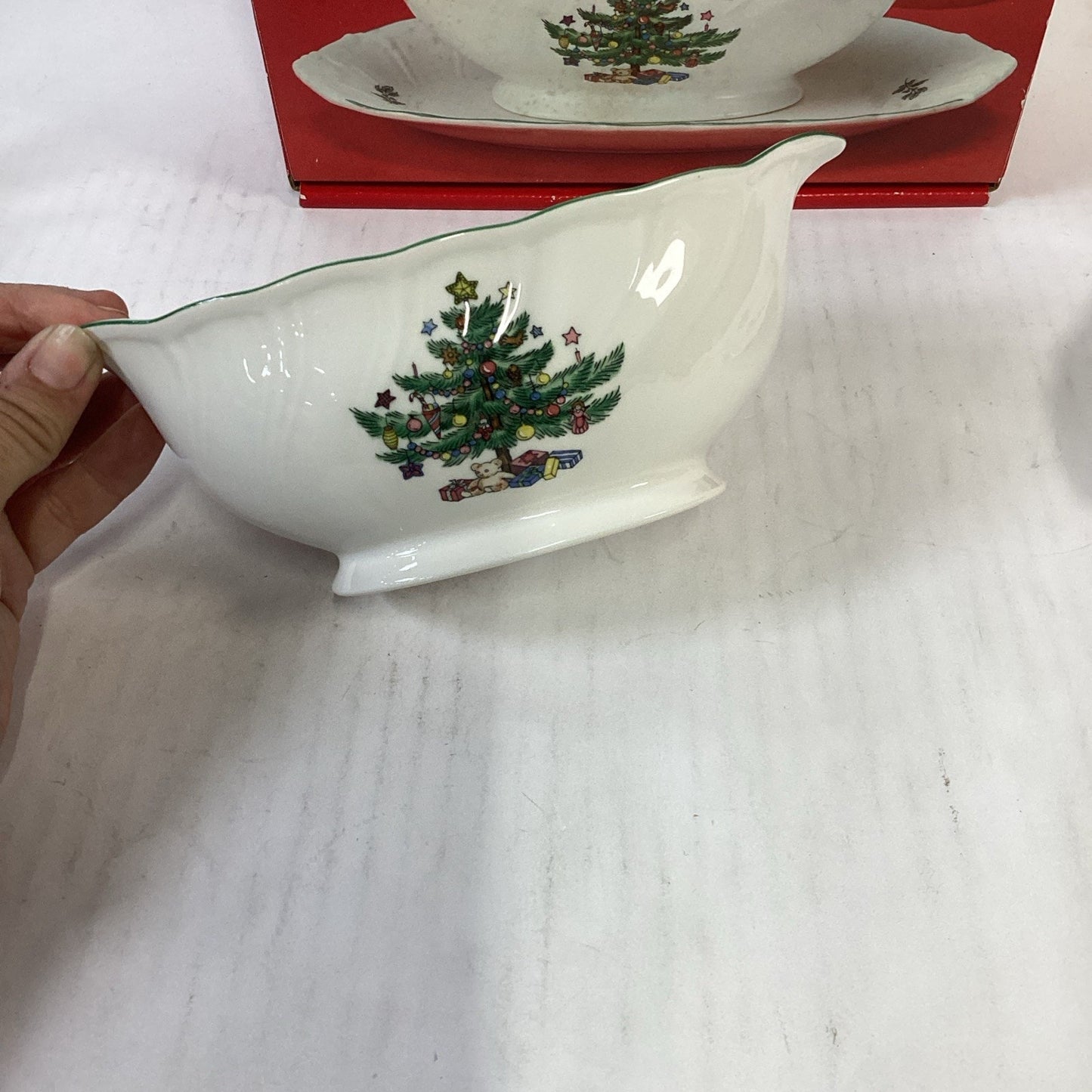 Nikko Christmas Tree Gravy Sauce Boat, Stand And Original Box