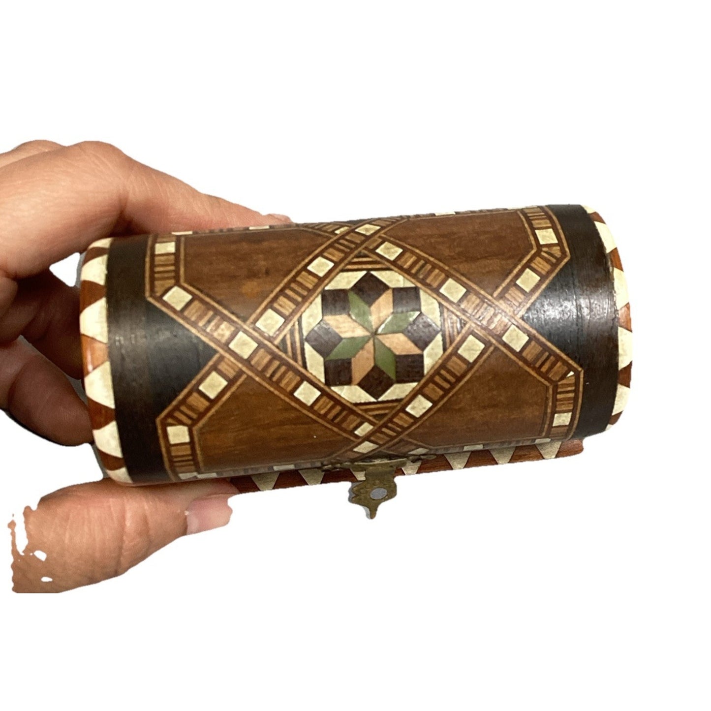 Wooden Inlay Geometric Design Jewelry Treasure Trinket Chest - 4x2.25x2.75” VTG