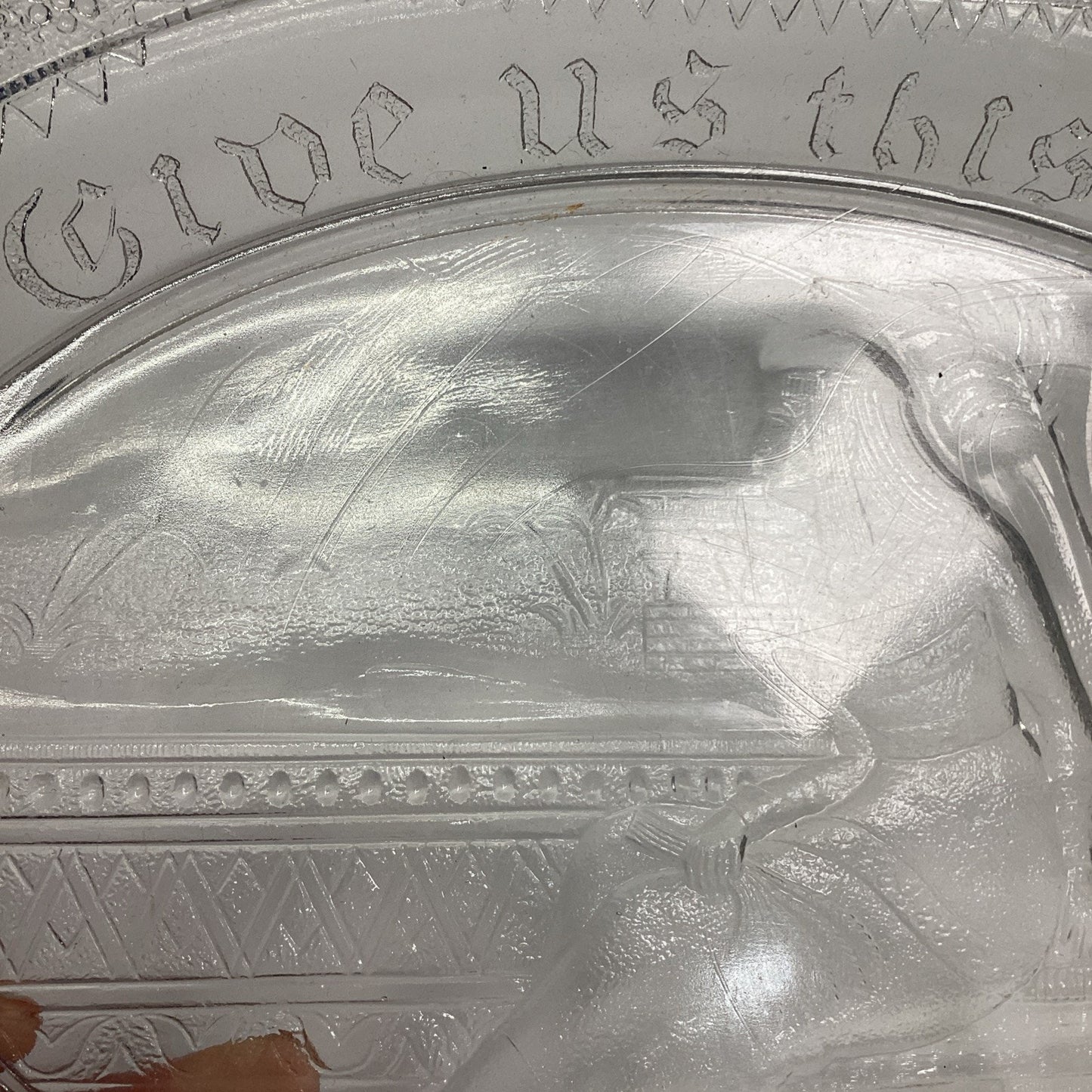RARE VINTAGE Oval Glass Serving Plate GIVE US THIS DAY Egyptian Wheat Design