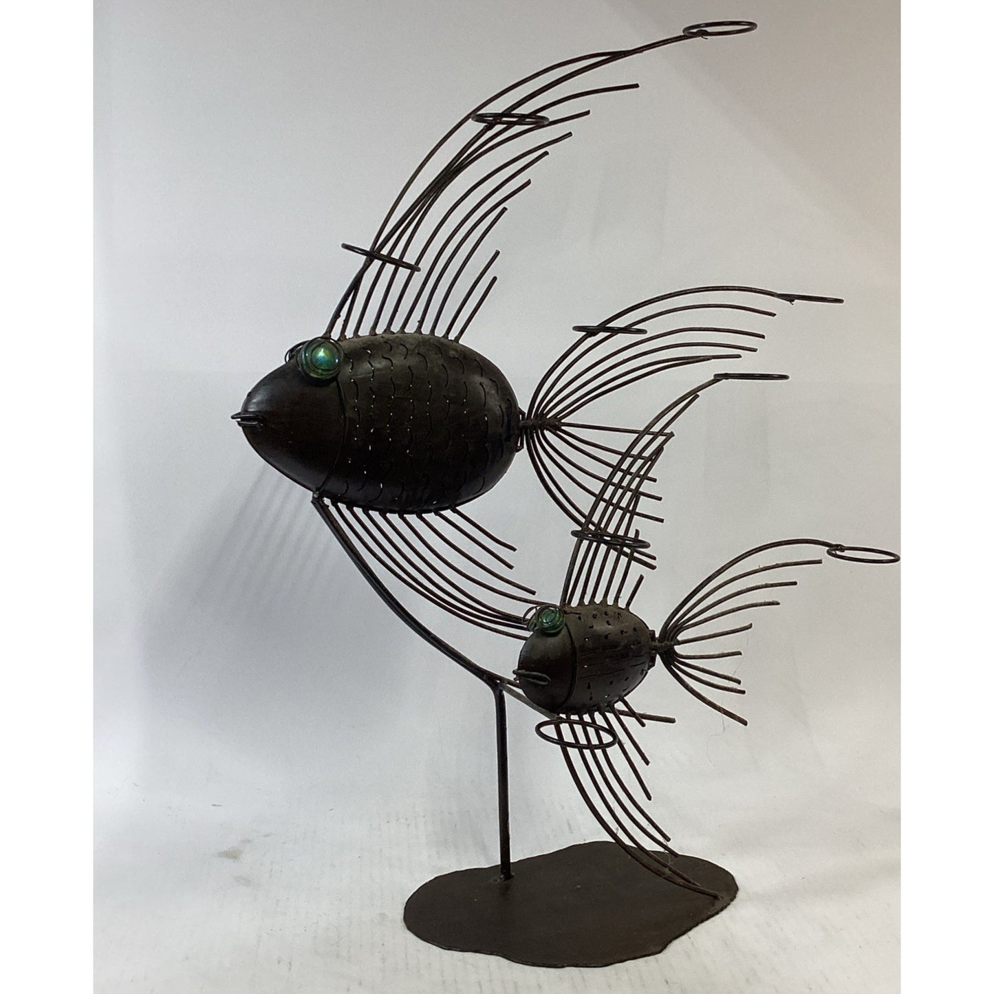 Vintage Large 27”H Steampunk Style Wire Metal Angelfish Sculpture W/ Green Eyes