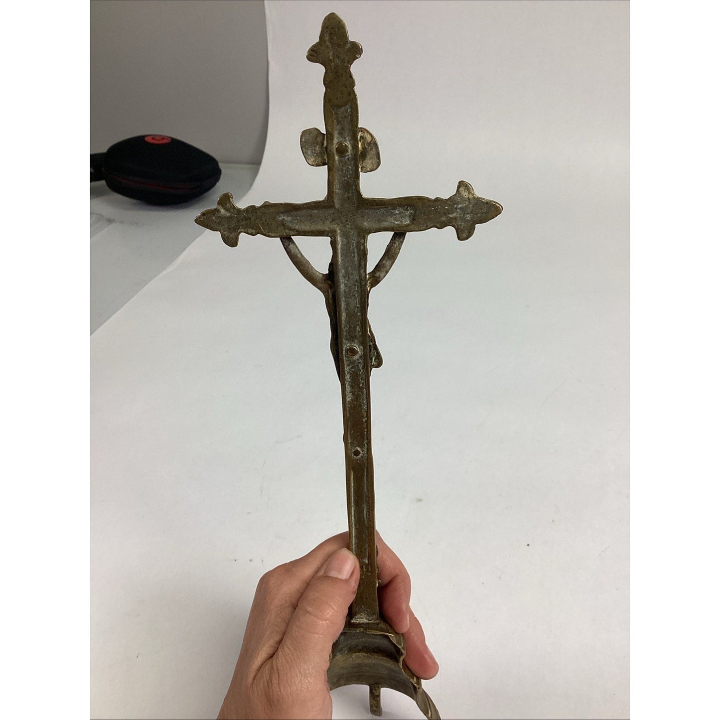 Antique Brass Inri Crucifix Standing Cross Figurine - 13”H
