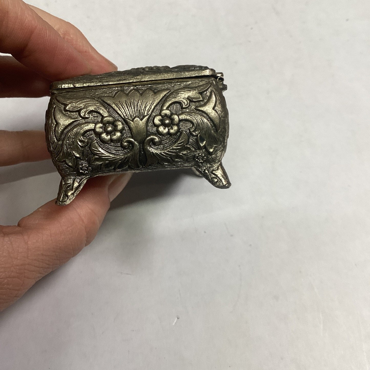 Vintage or Antique Japanese Ornate Trinket Jewelry Box with Red Lining