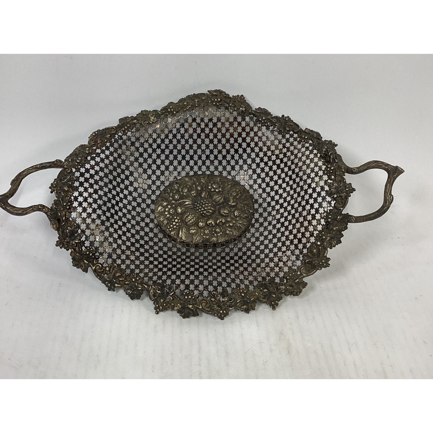 Vintage Italian Brass Bowl Ornate Filigree Basket With Handles