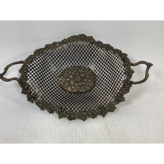 Vintage Italian Brass Bowl Ornate Filigree Basket With Handles