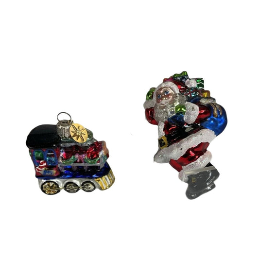 Christopher Radko Train Locomotive Engine Gem Ornament + Jolly Santa