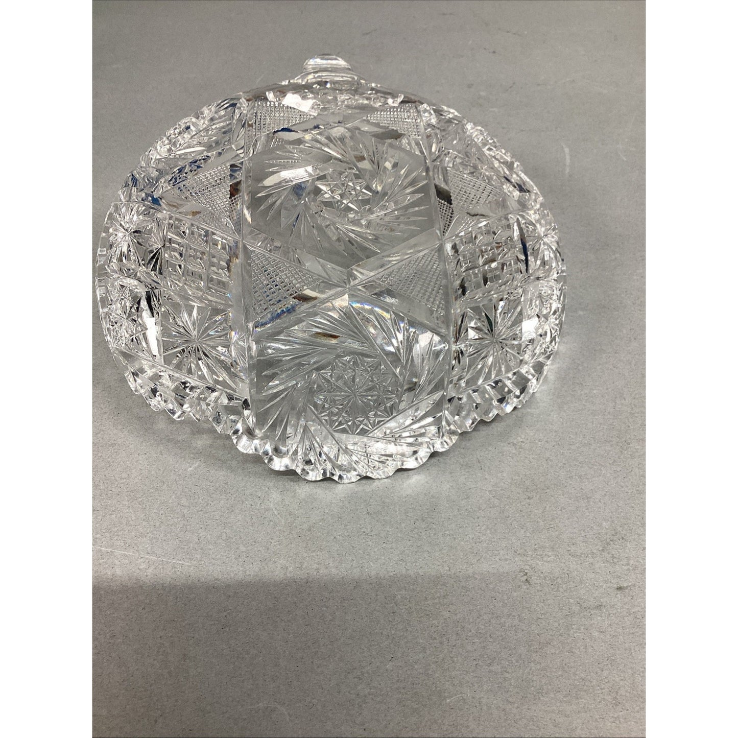 Vintage Scalloped Starburst Saw Tooth Edge Heavy Glass Candy Dish w/ Finger Loop