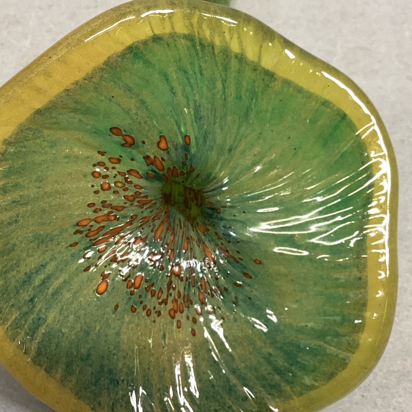 Handblown Yellow Green Red Glass Flower And Stem - 14”L