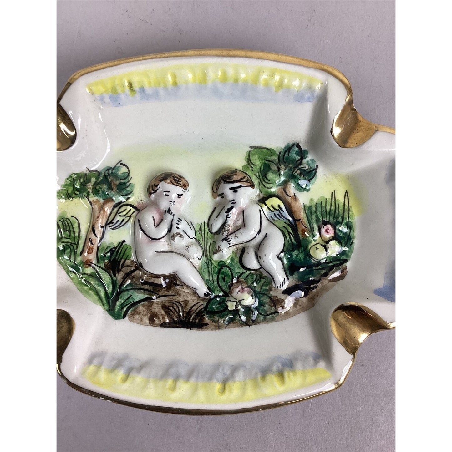 Vintage R Capodimonte Italy Cherub Ashtray With Gilded Accents