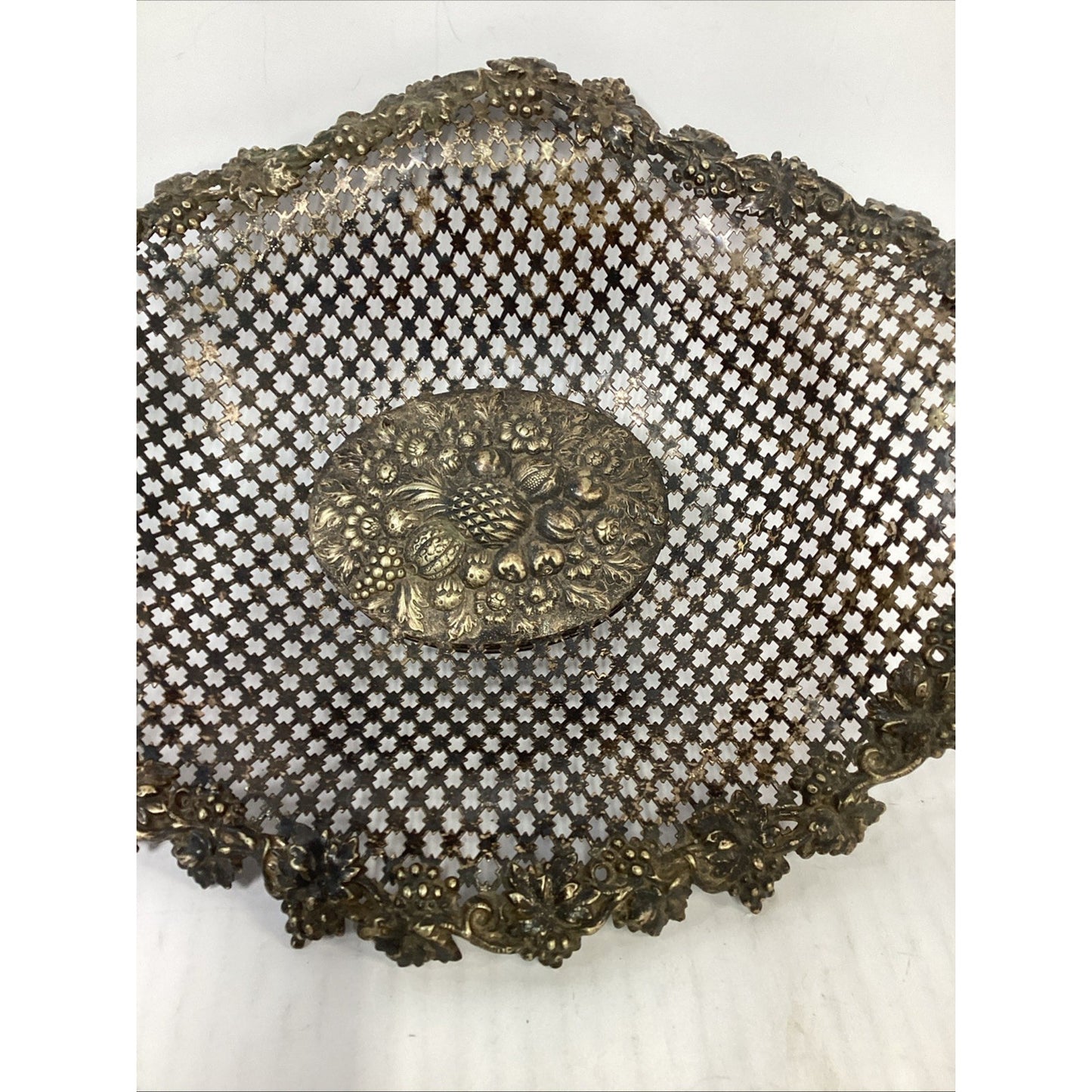 Vintage Italian Brass Bowl Ornate Filigree Basket With Handles