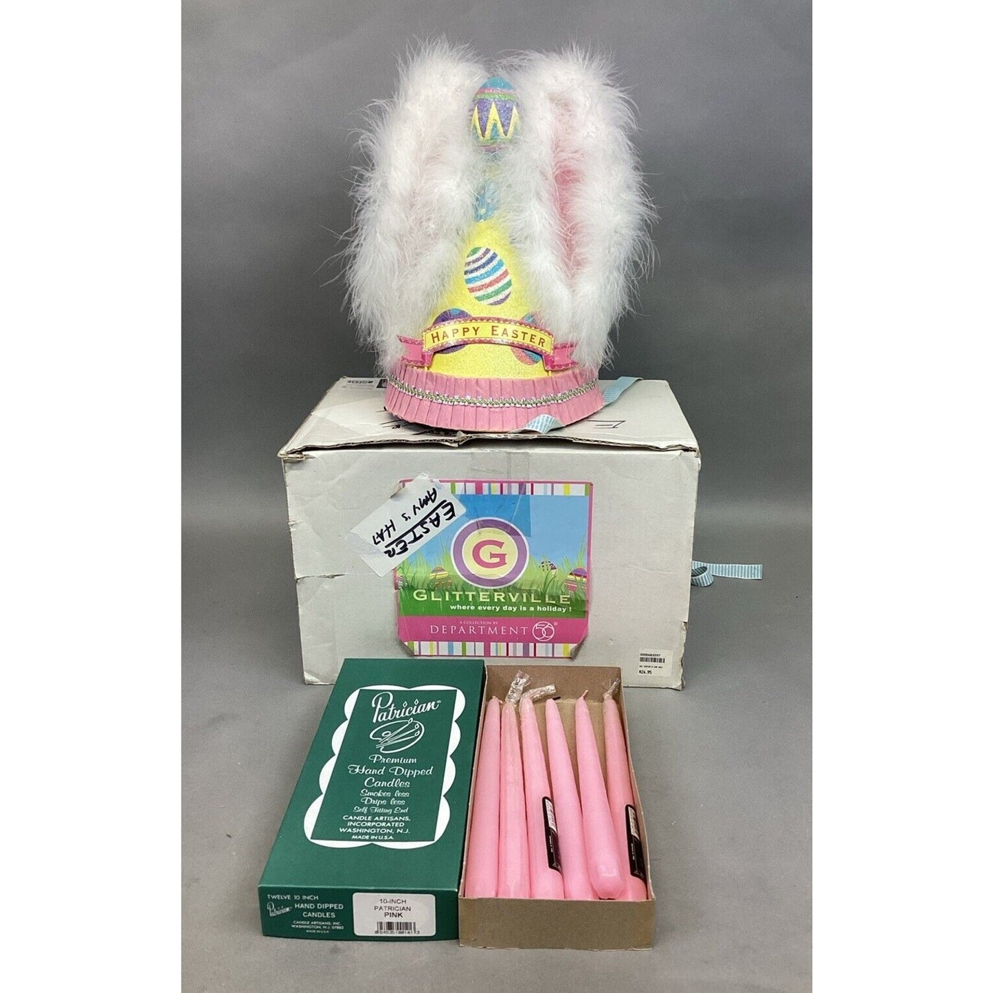 Dept 56 Glitterville Easter Egg Party Hat w/ 6 Patrician Pink 10” Candles
