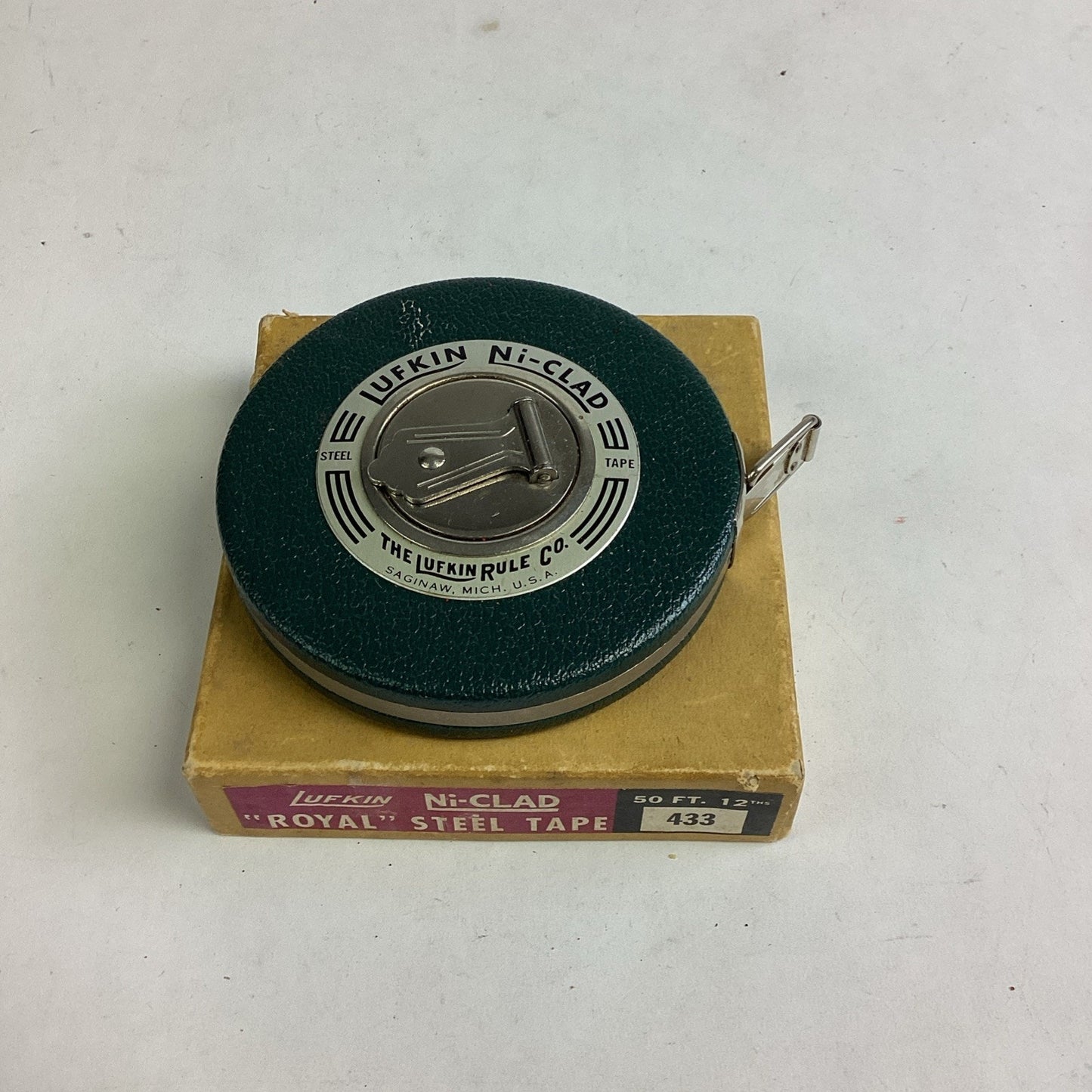 Vintage Lufkin Ni-Clad Royal Steel Tape #433 - 50 Ft - W/ Instructions & Box