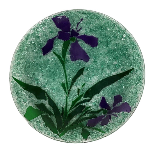 Green Emerald Crackled Glass Floral Plate - 10”