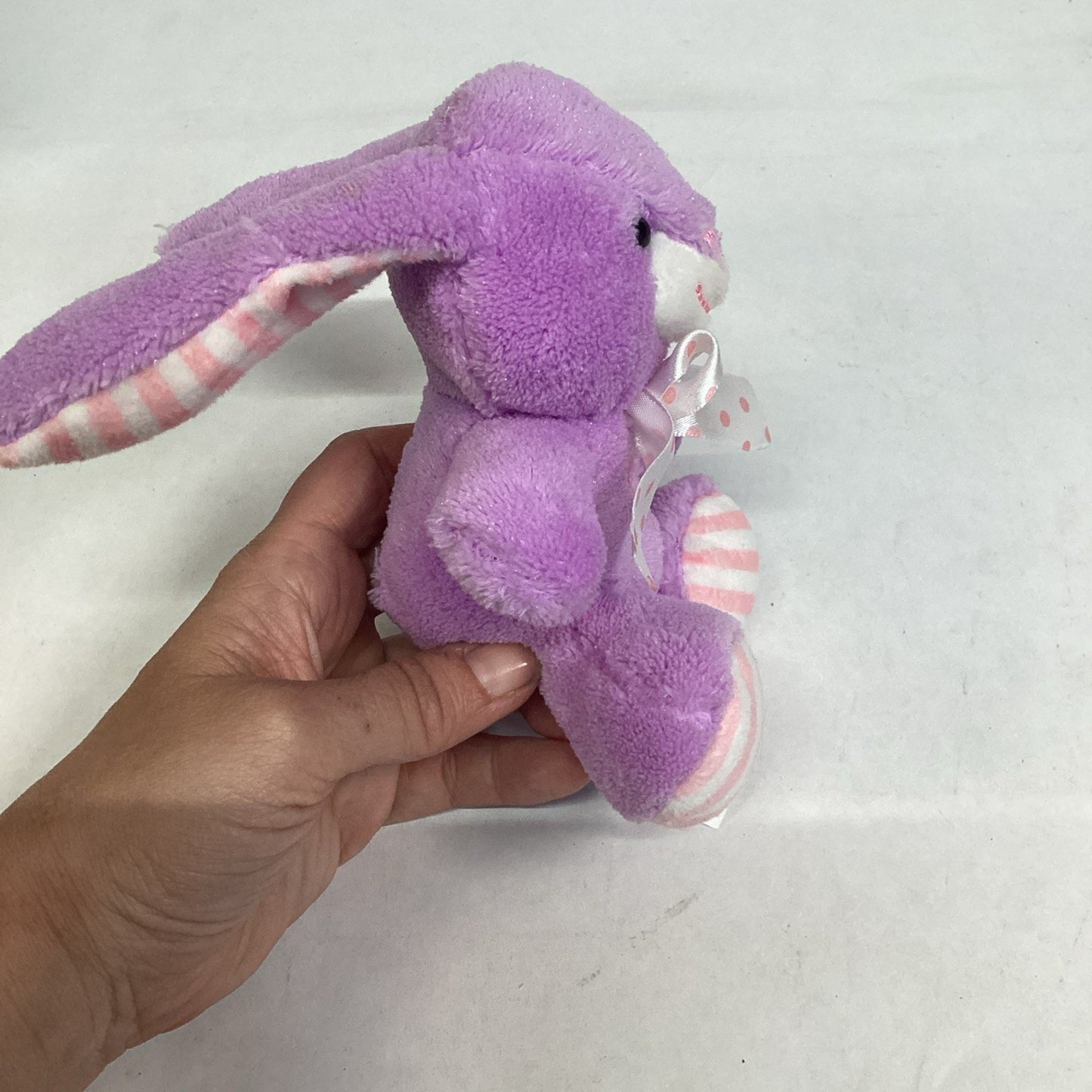 Hug Fun Purple Bunny Rabbit Plush Toy White Pink Stripe Bow -Makes ‘Boing’ Sound