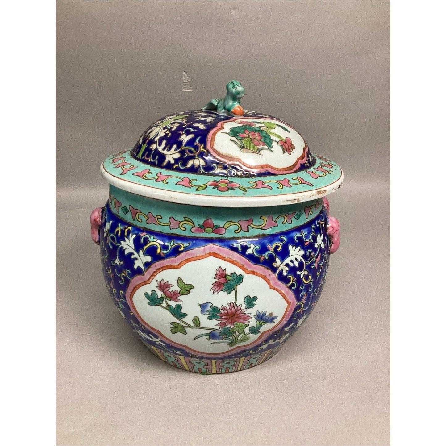 Chinese Lidded Jar (Kamcheng) Enameled Thick Porcelain W/ Peony Flowers - 9.5”H