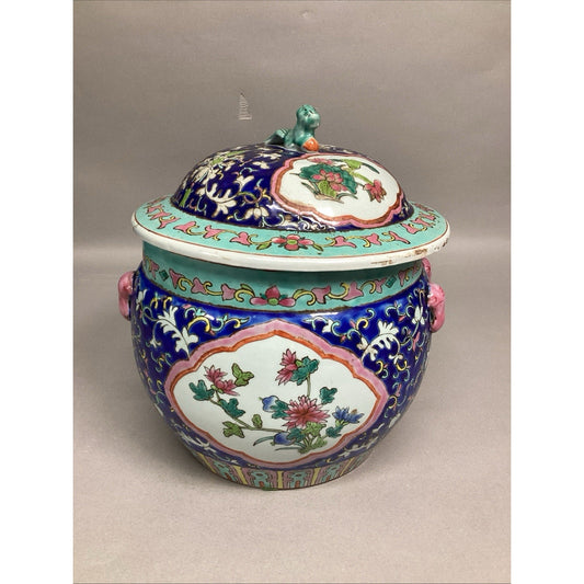 Chinese Lidded Jar (Kamcheng) Enameled Thick Porcelain W/ Peony Flowers - 9.5”H