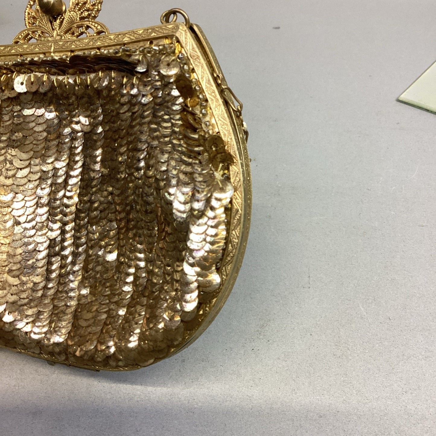 Antique Women’s Gold Sequin Mesh Change Purse With Shoulder Strap & Mirror