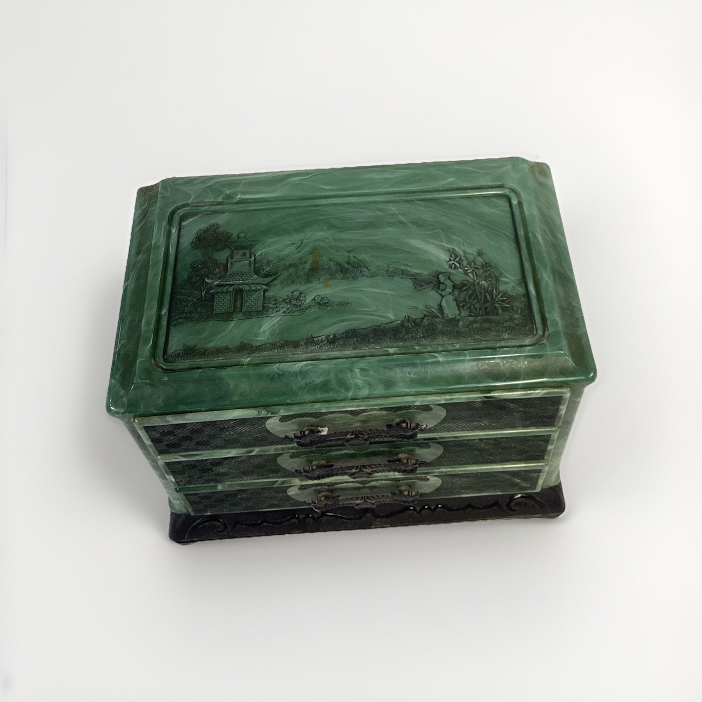 Vintage Green Marbled Celluoid Chinese Style Jewelry Box 3-Drawer