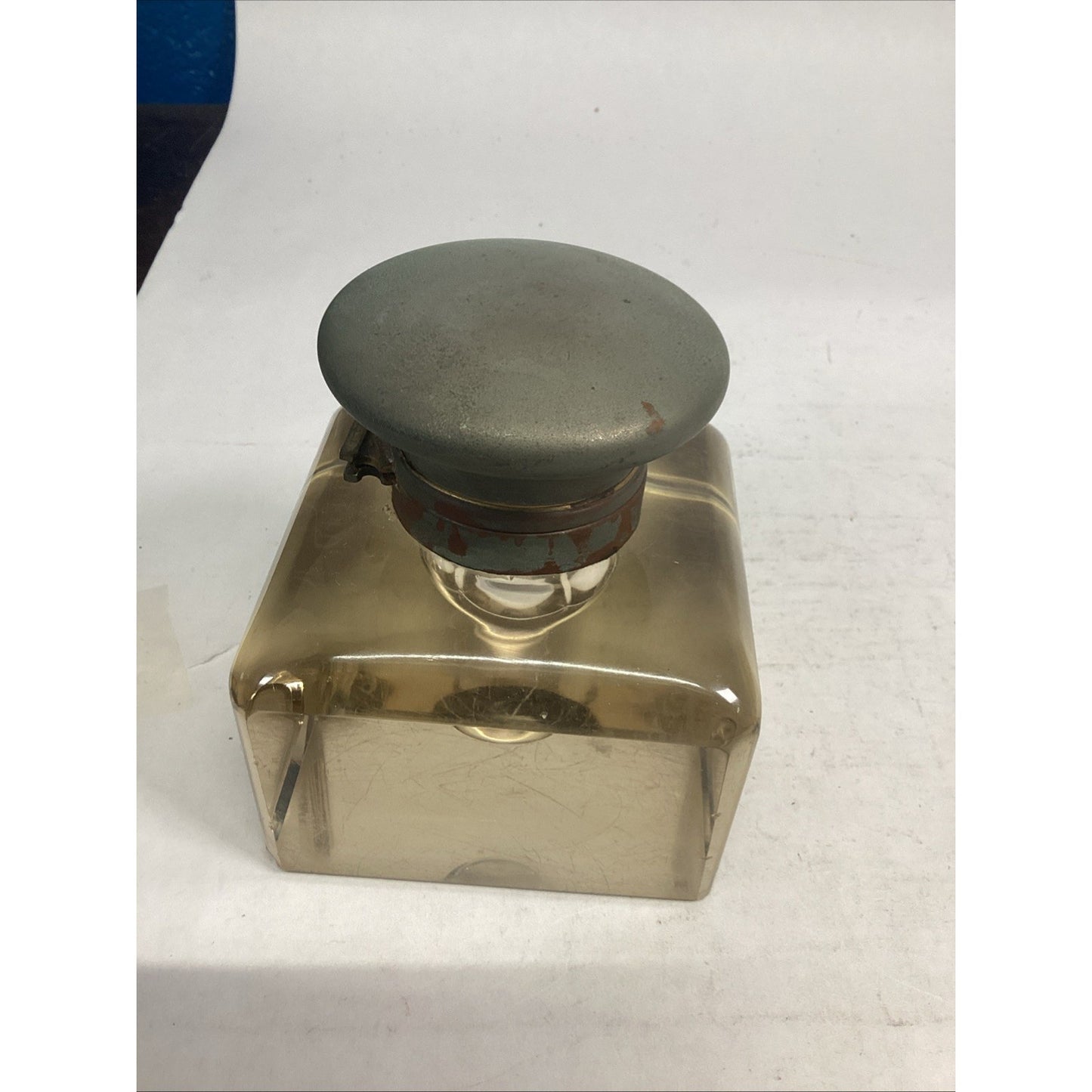 Antique Large 1910 English Glass Inkwell - Crystal & Nickel Over Brass