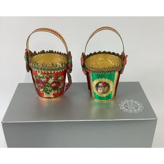 VTG The Lions Paw Nantucket Christmas Basket Ornaments Pair Dresden Foil Trim