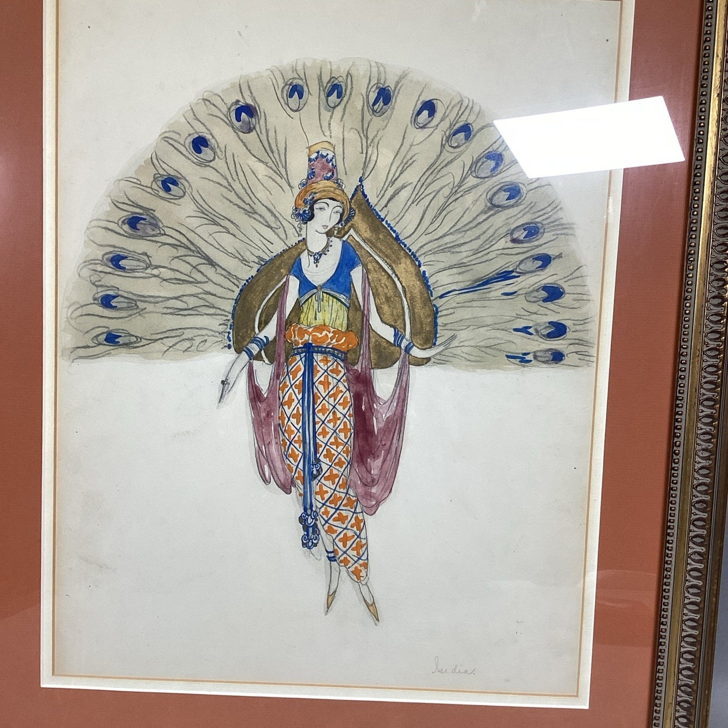 Woman With Peacock Feathers Framed Art - 23x19.5”