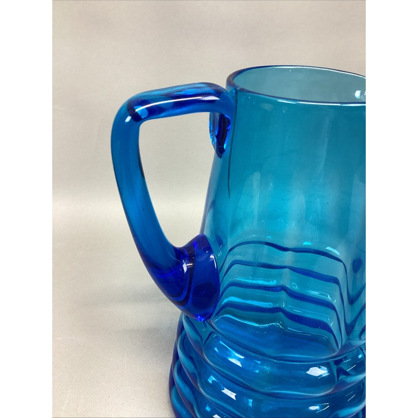 Vintage Art Glass Blue Water Jug Pitcher W/ Handle - 10.5”H